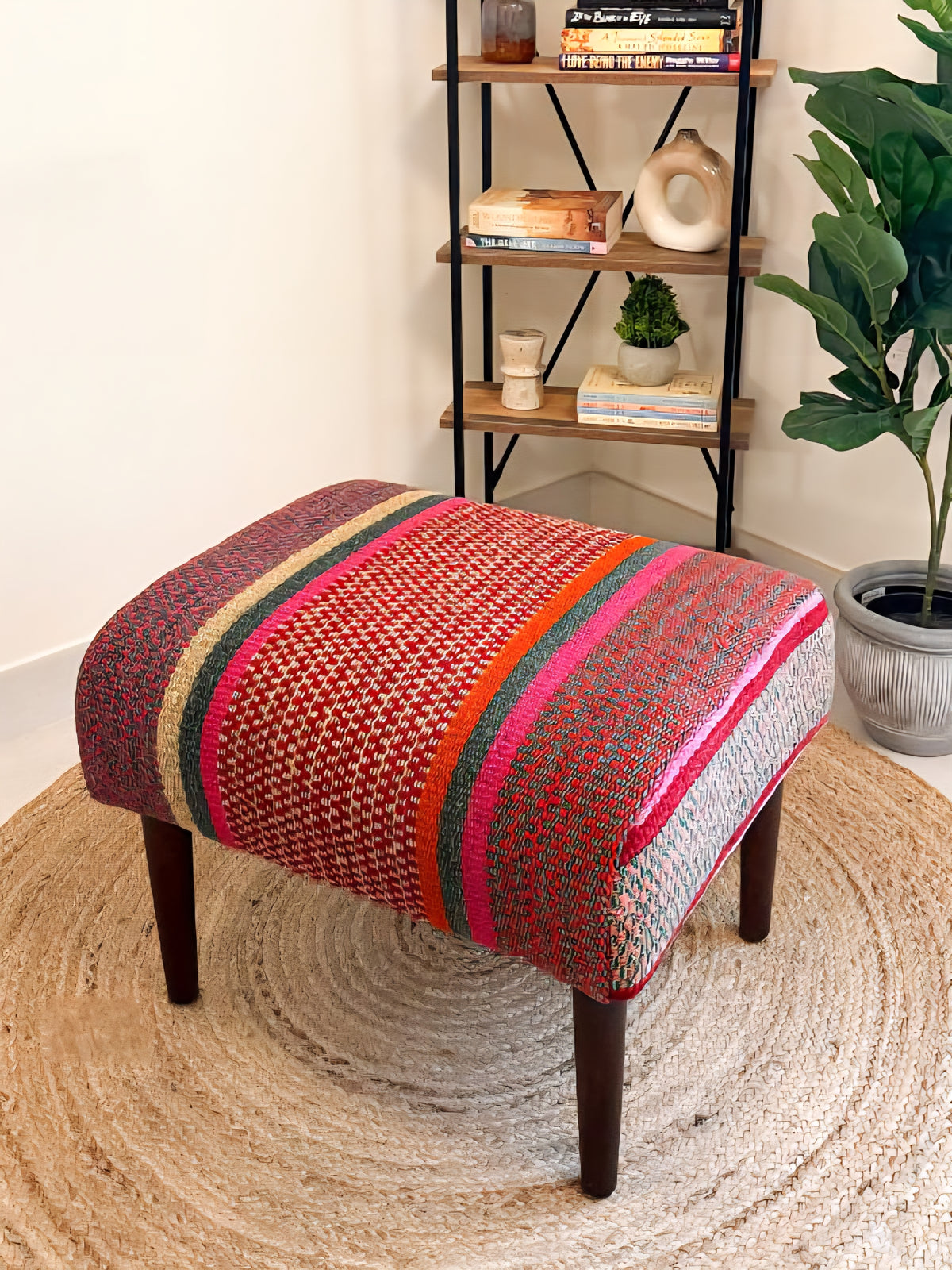 Upholstered bench featuring handwoven Andean frazada fabric with naturally dyed colors for modern home decor and interiors.