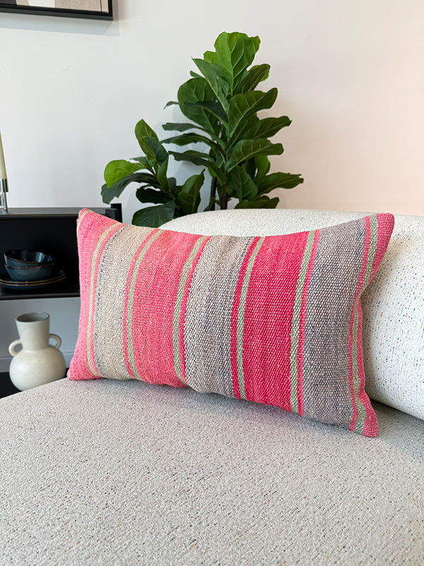 Striped handwoven frazada cushion cover, made of alpaca wool.