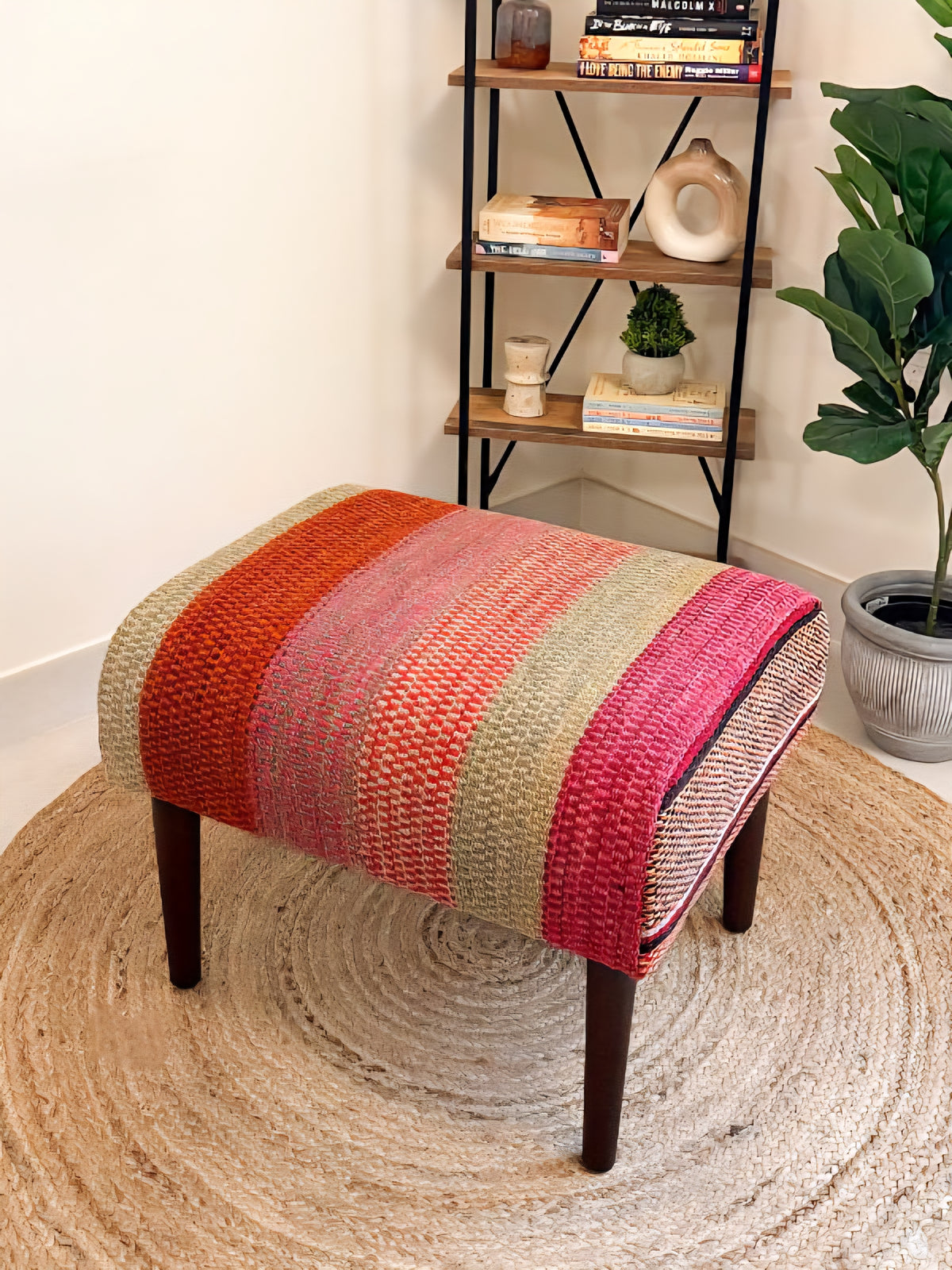Upholstered bench featuring handwoven Andean frazada fabric with naturally dyed colors for modern home decor and interiors.