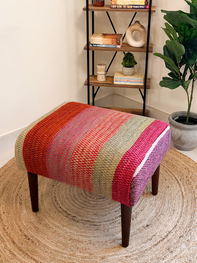 Upholstered bench featuring handwoven Andean frazada fabric with naturally dyed colors for modern home decor and interiors.